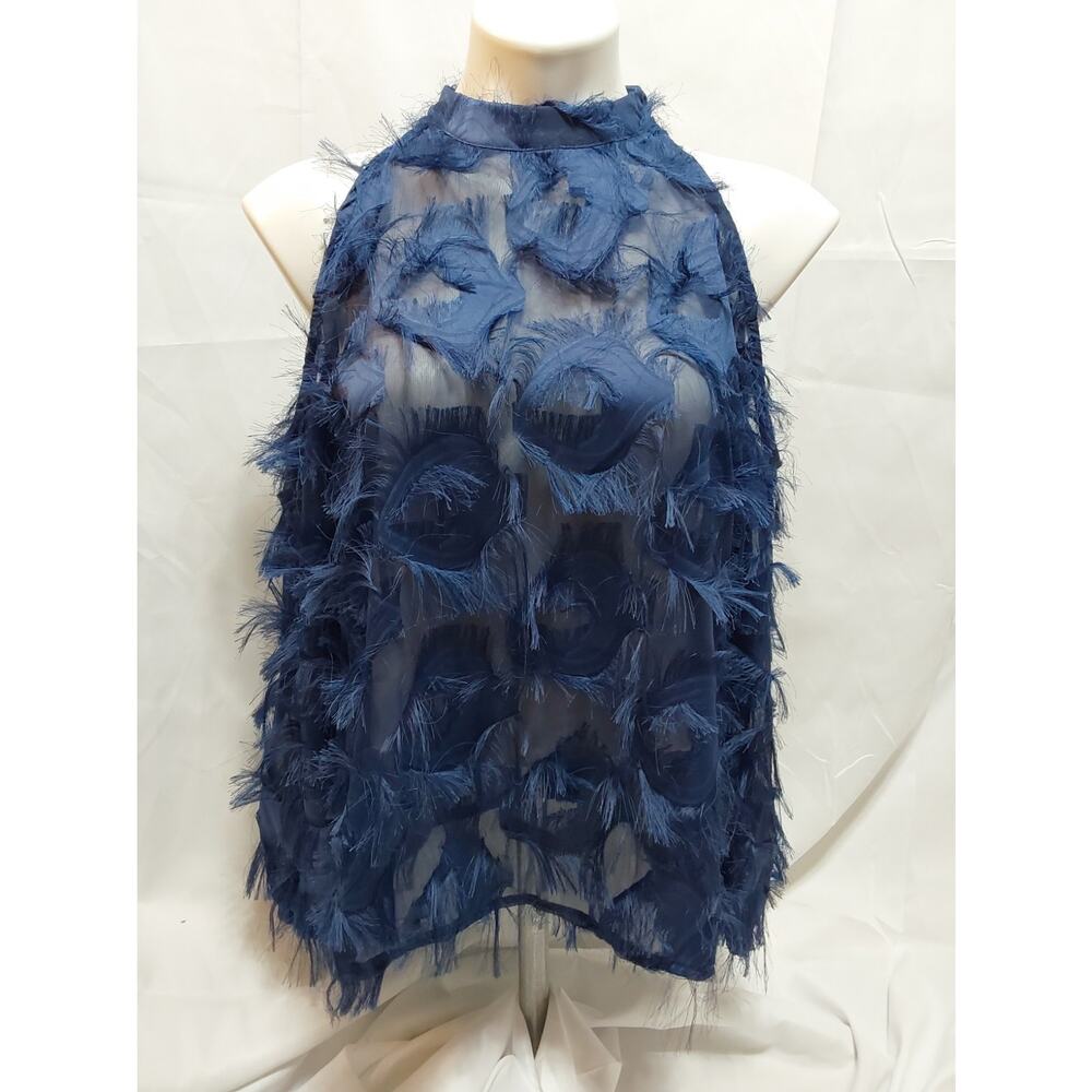 Small Blue Sheer Fringe 3/4 Sleeve Shoulder Cut-Out Top #L104